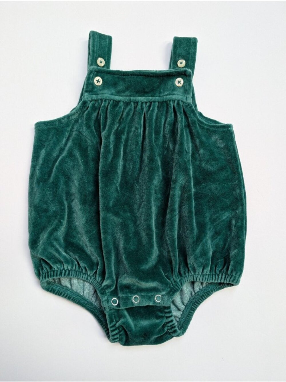Kate Quinn Organic Cotton Velour Gathered Overall Bubble 18-24 Green Romper